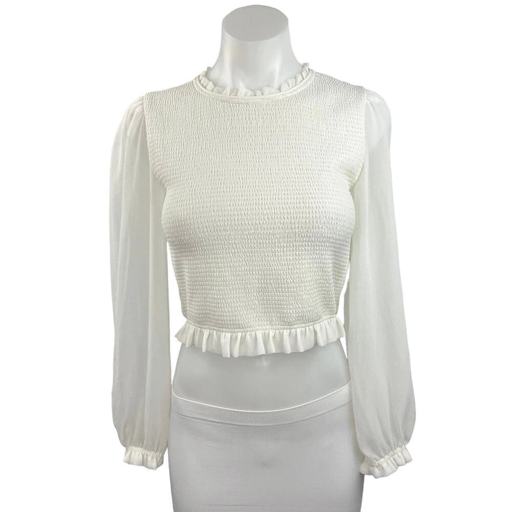 Aritzia Wilfred White Long Balloon Sleeve Smocked Mock Neck Blouse Top Size 2XS